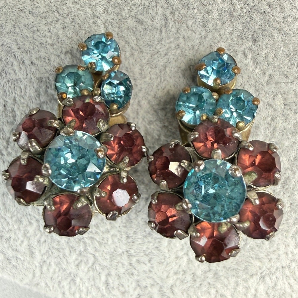 Vintage Barclay Earrings Clip On Blue Red Glass Rhinestone Gold Tone MCM Signed